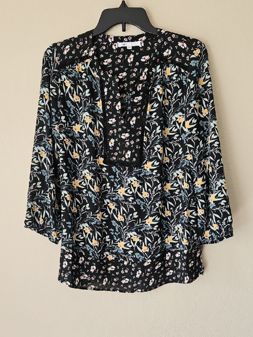 DR2 Black Floral Peasant Blouse with Yellow and Light Blue Accents Medium